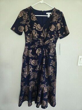 London Times Twist-Waist Flounce-Hem Midi Dress Size 2 Navy/Rose gold metallic